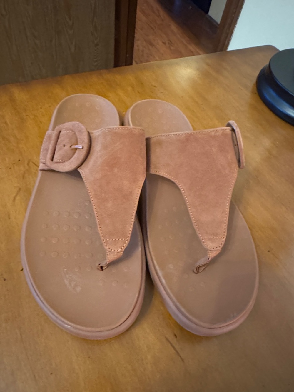 Vionic NWOB 9W Women's Suede Toe-Post Sandals in Tan